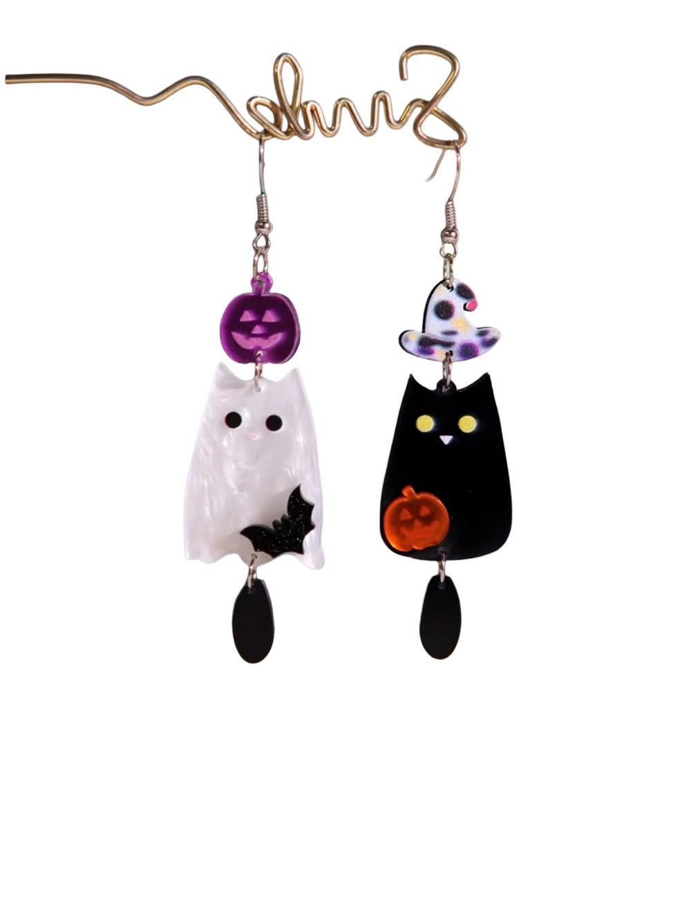 Halloween Mismatched Ghost Cat Dangle Statement Acrylic Earrings Spooky NWOT